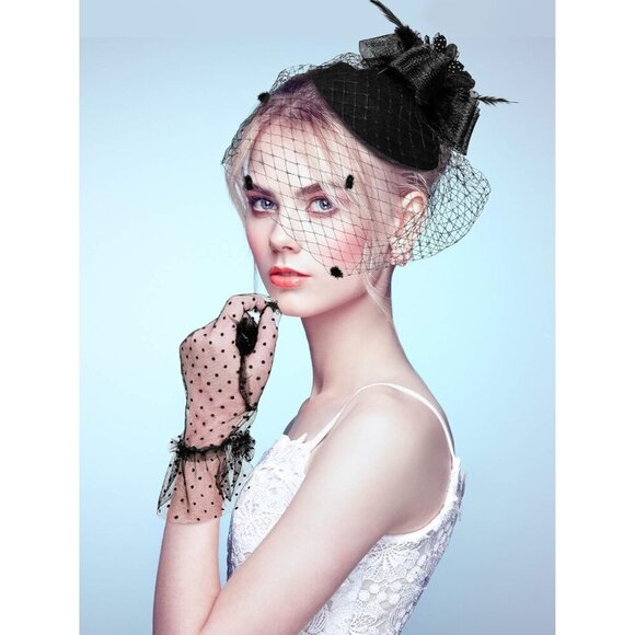 Fascinator Hat for Women Lace Gloves Black Veil for Tea Party Wedding Party